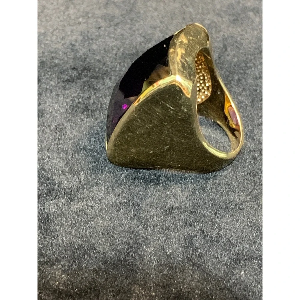 Gold Tone Purple Checkerboard Facet Statement Cocktail Ring Size 9.25
